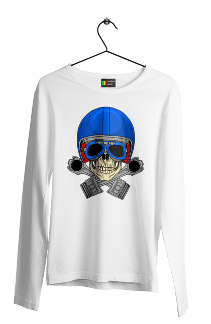 Чоловічий лонгслів з принтом "череп мотолюбитель". Байкер, окуляри, череп, шолом. 2070702