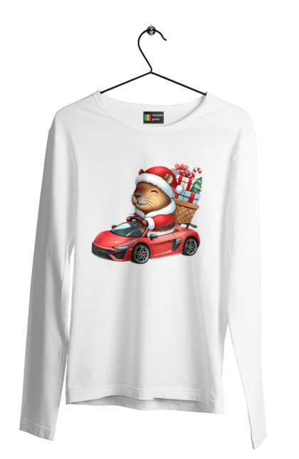 Men's longsleeve with prints Christmas Capybara with a Gift. Animal, capybara, car, christmas, christmas capybara, gift, holiday, new year, new year`s gift, santa. 2070702