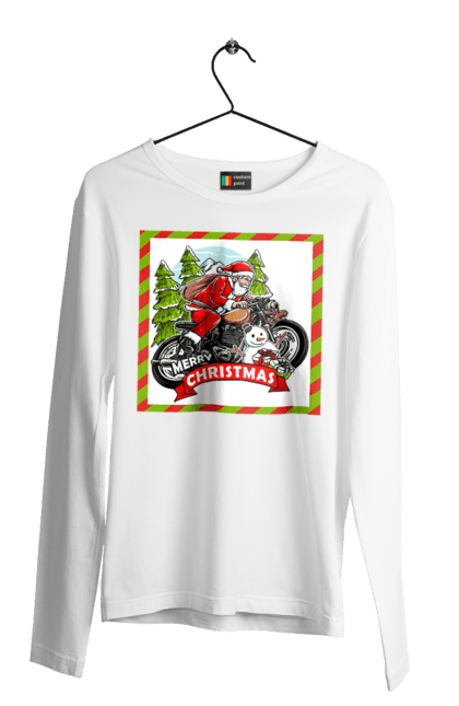 Чоловічий лонгслів з принтом "Санта на мотоциклі". Мотоцикл, новий рік, подарунки, різдво, санта, сніговик, ялинка. 2070702