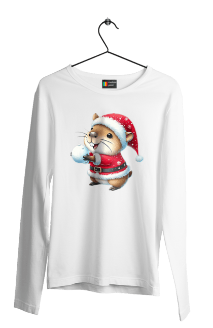 Men's longsleeve with prints Capybara playing snowballs. Animal, capybara, christmas, christmas capybara, game, gift, holiday, new year, santa, snowballs. 2070702