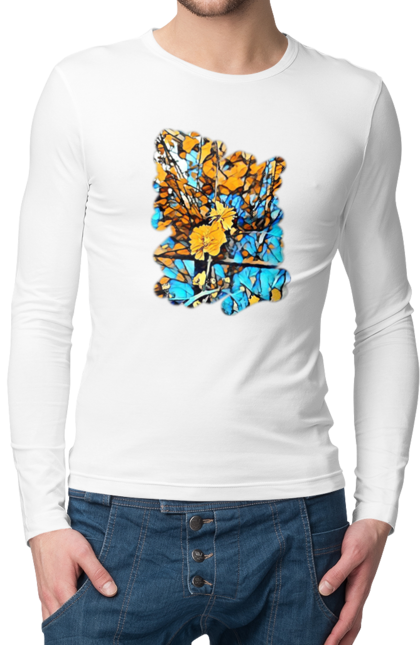 Чоловічий лонгслів з принтом "Жовті квіти на синьому фоні". Арт, жовтий та синій, жовті квіти, жовто-синій, квіти, малюнок, природа, синій та жовтий, синьо-жовтий. 2070702