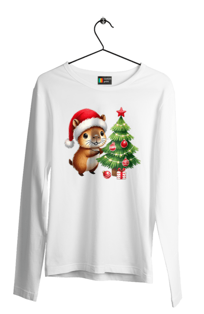 Men's longsleeve with prints Christmas Capybara with a Tree. Animal, capybara, christmas, christmas capybara, christmas tree, gift, holiday, new year, new year`s gift, santa. 2070702