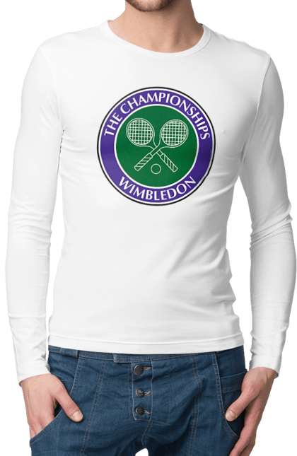 Чоловічій лонгслів з принтом "Wimbledon тенісний турнір". Великий теніс, велокобритання, гравці, лондон, м`яч, призовий фонд, ракетка, спонсор, турнір на траві, турнірна сітка. CustomPrint.market