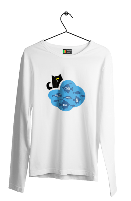 Чоловічий лонгслів з принтом "Кіт програміст". Angular, c, css, html, it, javascript, jquery, php, python, react, svelt, vue, айтишник, айті, гумор, код, кодувати, прогер, програміст, програмісти, ти ж, ти ж програміст, тиж програміст. 2070702