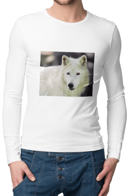Чоловічій лонгслів з принтом "Волк". White, wolf, білий, волк, ліс. CustomPrint.market