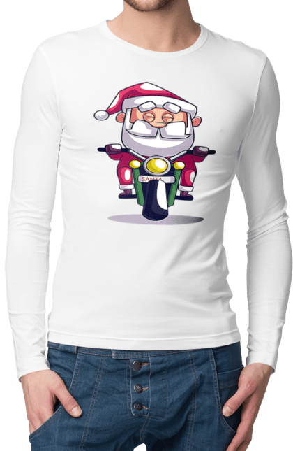 Чоловічий лонгслів з принтом "Щасливий Санта на мотоциклі". 2022, дід мороз, зима, мотоцикл, новий рік, різдво, санта, сніг. 2070702
