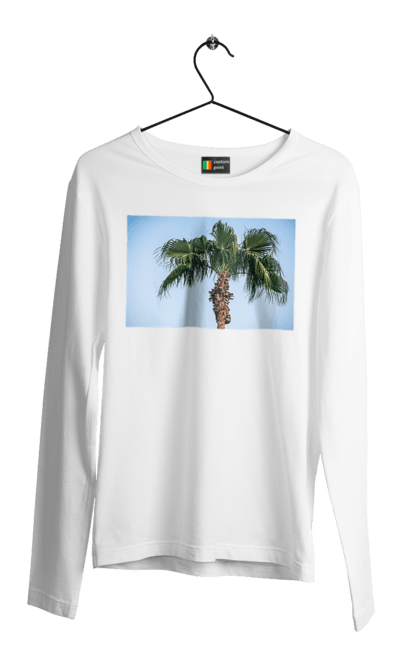 Чоловічий лонгслів з принтом "Пальма на тлі неба". Берег, блакитне, відпочинок, відпустку, єгипет, зелений, зелені, лист, листя, море, небо, оазис, океан, острів, пальма, південь, подорож, пригоди, тропіки, туреччина. 2070702