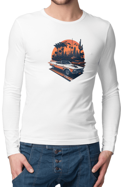 Чоловічий лонгслів з принтом "Гарне авто на закаті". Авто, закат, захід сонця, солнце, сонце. 2070702