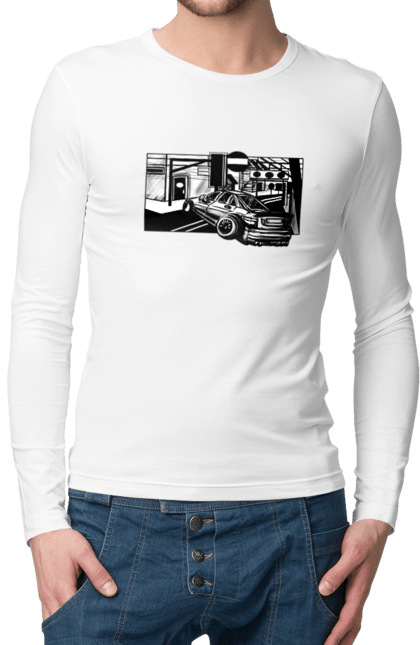 Чоловічий лонгслів з принтом "Небезпечний Автомобіль на дорогах вулиць". Автомобіль, гонки, машина, небезпечний, чорно білий, швидкий. 2070702