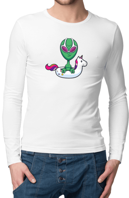 Чоловічий лонгслів з принтом "Інопланетянин Плаває У Колі". Інопланетянин, надувной круг, плавати. 2070702