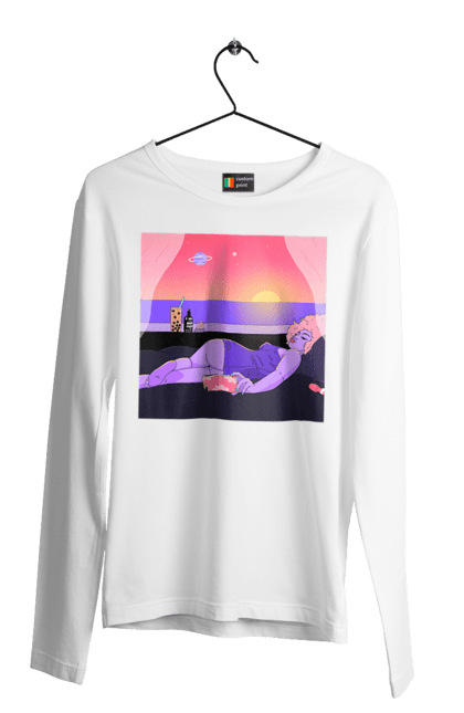 Чоловічий лонгслів з принтом "Фіолетова Дівчина На Відпочинку". Дівчина, захід, телефон. 2070702