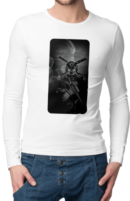 Чоловічий лонгслів з принтом "Слава зсу". Гвинтівка, зброя, літак, перемога, солдат, україна. 2070702