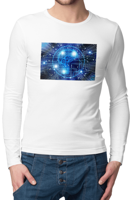 Чоловічий лонгслів з принтом "Штучний інтелект". Айті, айтішник, гік, знання, інженер, інтелект, кібер, кібернетика, кіборг, код, комп, комп`ютерник, кристал, машинне навчання, мікросхема, мозок, портрет, програміст, професіонал, професія, розробник, розум, хакер, чіп, штучний інтелект, штучний розум. 2070702