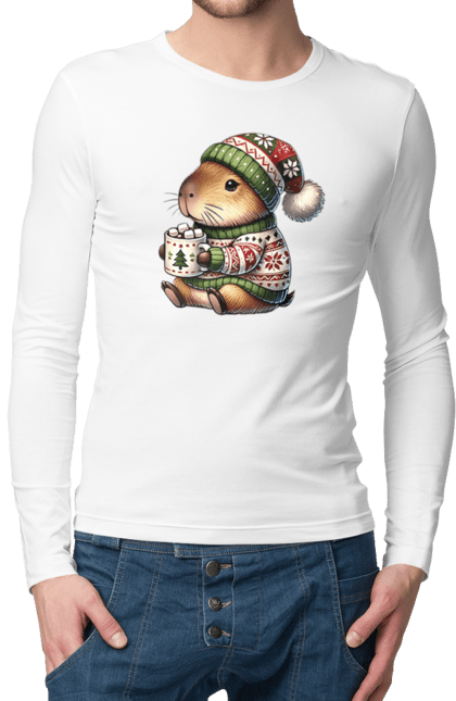 Men's longsleeve with prints Capybara with hot chocolate. Animal, capybara, christmas, christmas capybara, gift, holiday, hot chocolate, new year, santa. 2070702