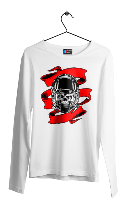 Men`s longsleeve with prints Skull in a motorcycle helmet. Helmet, moto, skull, tape. 2070702