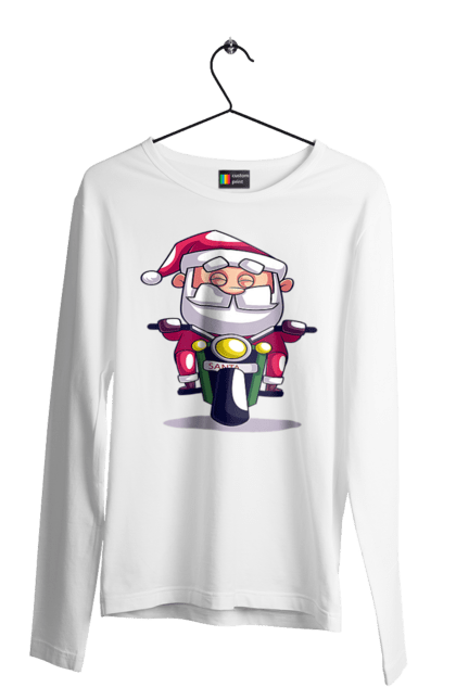 Чоловічий лонгслів з принтом "Щасливий Санта на мотоциклі". 2022, дід мороз, зима, мотоцикл, новий рік, різдво, санта, сніг. 2070702