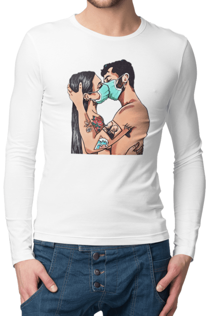 Men`s longsleeve with prints Coronavirus Love. Coronavirus, kiss, love, mask, quarantine. 2070702