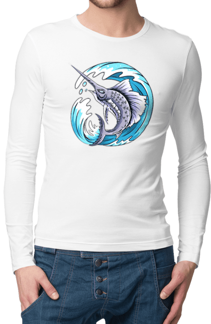 Чоловічий лонгслів з принтом "Риба Меч І Хвиля". Риба меч, хвиля. 2070702