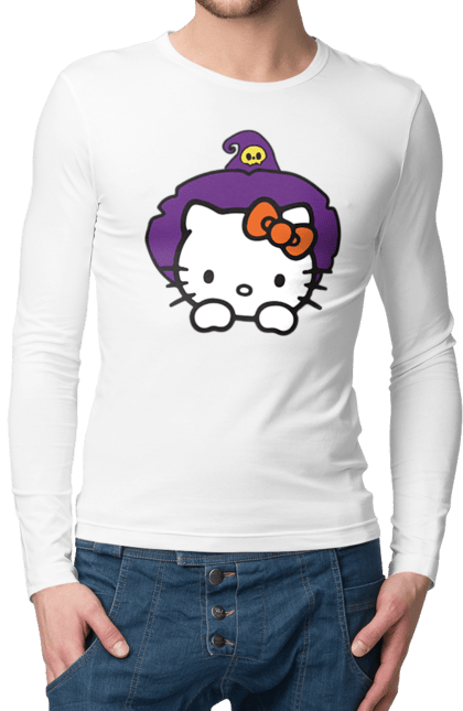 Чоловічій лонгслів з принтом "Хелло Кітті Хелловін". Halloween, hello kitty, witch, бренд, відьма, кіт, кошеня, персонаж, хелло кітті, хелловін. 2070702