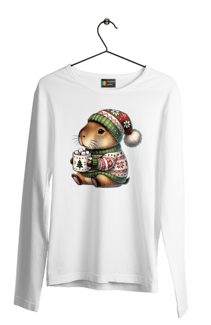 Men's longsleeve with prints Capybara with hot chocolate. Animal, capybara, christmas, christmas capybara, gift, holiday, hot chocolate, new year, santa. 2070702