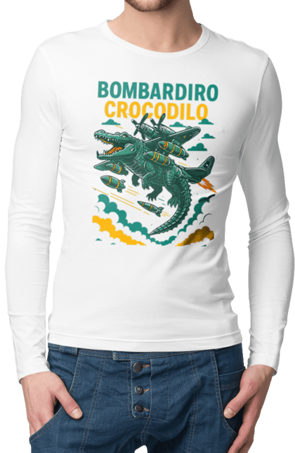 Чоловічий лонгслів з принтом "Bombardino Crocodilo". Bombardino, bombardino crocodilo, crocodilo, бомбардіно крокоділо, крокодил, крокодил літак, крокодил мем, мем, мем бомбардине крокодило. 2070702