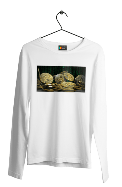 Чоловічий лонгслів з принтом "Біткойн". Багатство, біткойн, валюта, гроші, криптовалюта, курс, майнінг, матриця, монета, розкіш, цифровий світ. 2070702