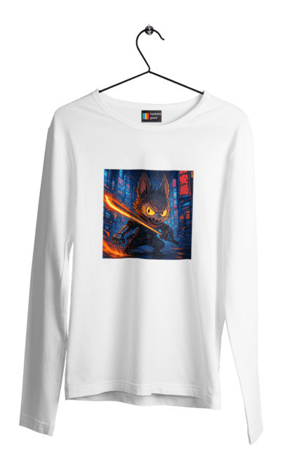 Чоловічий лонгслів з принтом "Лабубу". Аніместиль, дія, катана, кіберніндзя, кіберпанк, лабубу, меч, неонове місто, очі` що світяться. 2070702