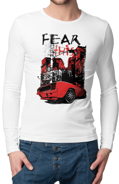 Чоловічий лонгслів з принтом "Червона Машина В Місті". Їзда, машина, місто. 2070702