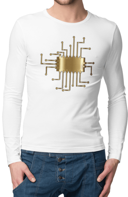 Чоловічий лонгслів з принтом "Золотий Чіп". Айті, айтішник, гик, золотий, золото, інженер, кібернетика, код, комп, комп’ютерник, кристал, мікросхема, програміст, професія, розробник, чіп. 2070702