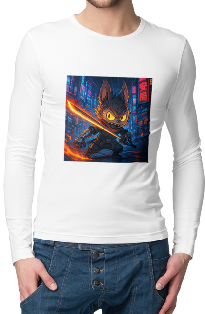 Чоловічий лонгслів з принтом "Лабубу". Аніместиль, дія, катана, кіберніндзя, кіберпанк, лабубу, меч, неонове місто, очі` що світяться. 2070702