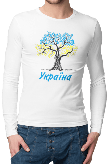 Men`s longsleeve with prints Blue yellow tree Ukraine. Blue yellow tree, symbol of ukraine, ukraine, ukrainian symbols, ukrainian tree. 2070702