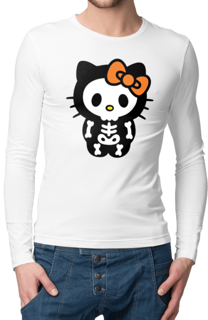 Чоловічій лонгслів з принтом "Хелло Кітті Хелловін". Halloween, hello kitty, zombie, бренд, зомбі, кошеня, персонаж, скелет, хелло кітті, хелловін. 2070702