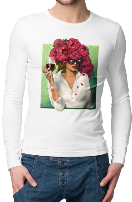 Чоловічий лонгслів з принтом "Дівчина з півоніями та келихом". Вино, дівчина, квітка, келих, літо, окуляри, півонії, сорочка. 2070702