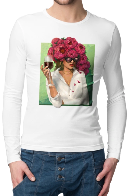 Girl with peonies and a glass