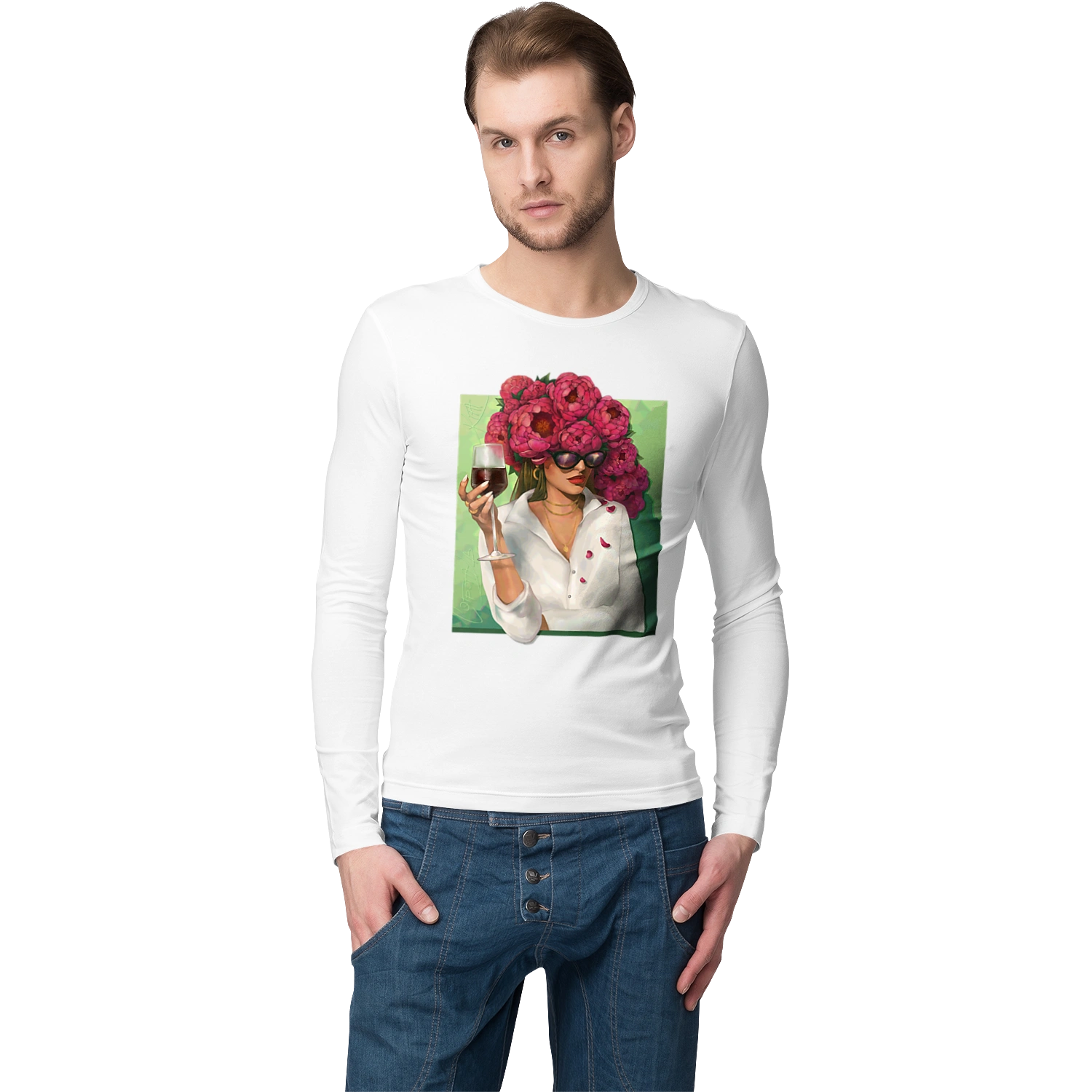 Girl with peonies and a glass