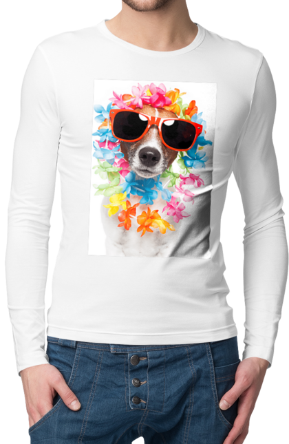 Чоловічій лонгслів з принтом "Пес в окулярах і кольорах". В окулярах, квіти, пес, собака. futbolka.stylus.ua