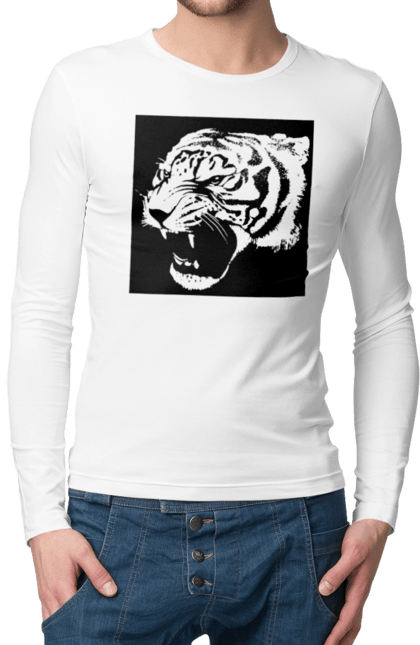 Чоловічій лонгслів з принтом "Тигр моно чорний". Велика кішка, великий кіт, дика природа, дикий, звір, зуби, паща, погляд, портрет, природа, стилізація, тварина, тигр, хижак. CustomPrint.market