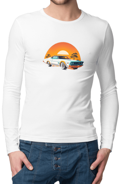 Чоловічий лонгслів з принтом "Гарне авто на закаті". Авто, закат, солнце. 2070702