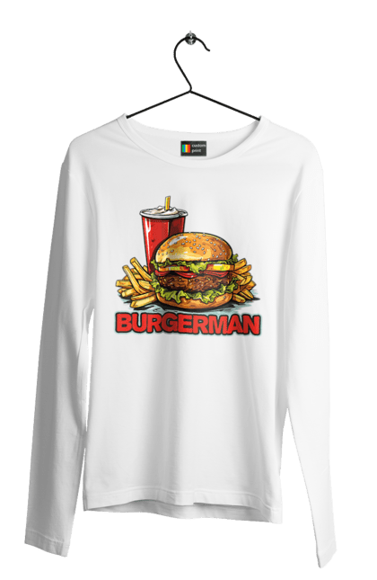 Чоловічий лонгслів з принтом "Burgerman". Бургер, для чоловіків, їжа, літні, макдональдс, прикольні, трендові, фаст фуд, чоловічі. 2070702