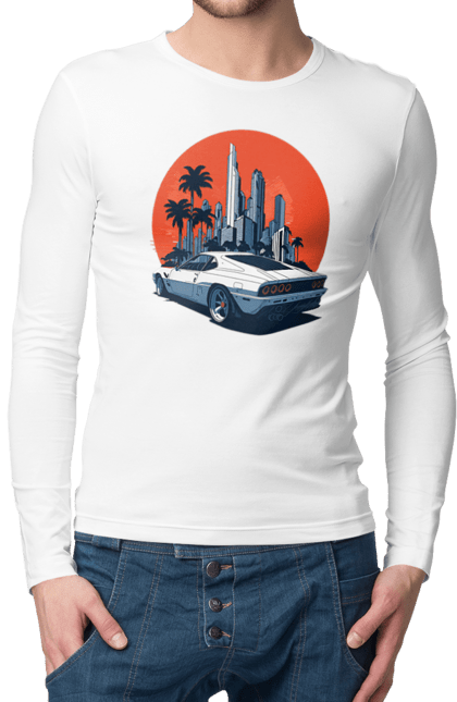 Чоловічий лонгслів з принтом "Авто". Гонка, захід сонця, спортивний автомобіль, швидкість. 2070702