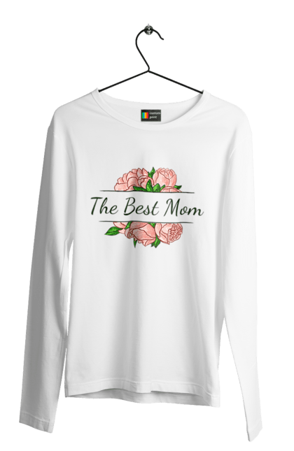 Чоловічій лонгслів з принтом "Мама the best". День матері, квіти, мама, найкраща, напис, піони, подарунок, рожевий, свято. futbolka.stylus.ua