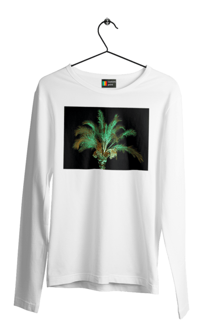 Чоловічий лонгслів з принтом "Фінікова Пальма Вночі". Берег, відпочинок, відпустка, зелений, море, ніч, оазис, океан, острів, пальма, південь, подорож, пригоди, тропіки, фінікова, чорне. 2070702