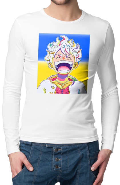 Мужской лонгслив с принтом Монки д Луффи смеется на желтом синем фоне.. Ван пис, луффи, монки д. луффи, символ украины, украина, флаг украины. 2070702