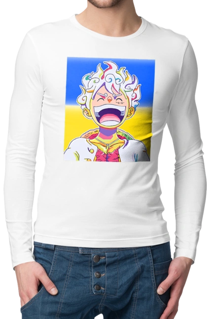 Monkey D Luffy laughing on a yellow blue background