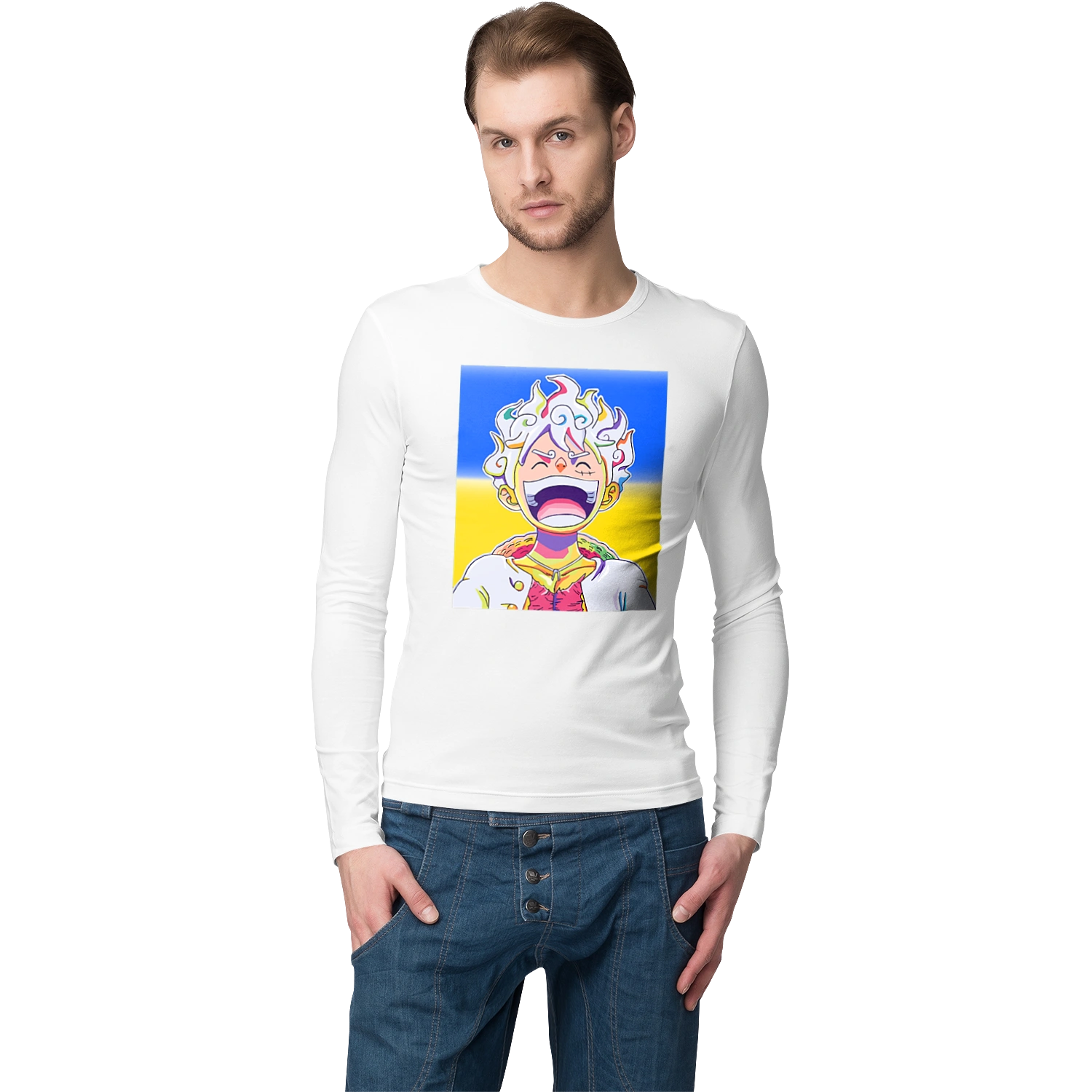 Monkey D Luffy laughing on a yellow blue background