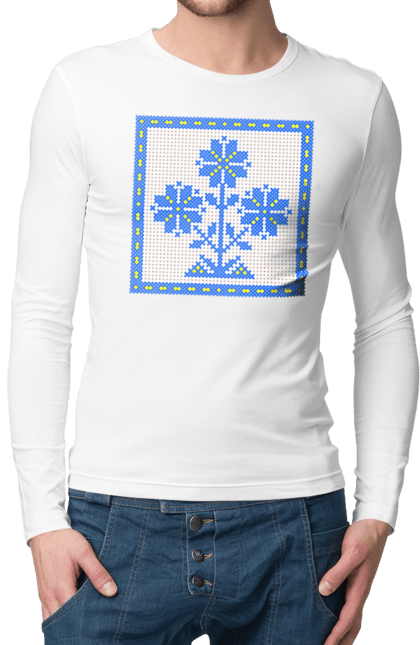 Чоловічий лонгслів з принтом "Жовто блакитна вишивка квіти". Вишивка, вишивка хрестиком, квіти, символ україни, традиції україни, україна. 2070702