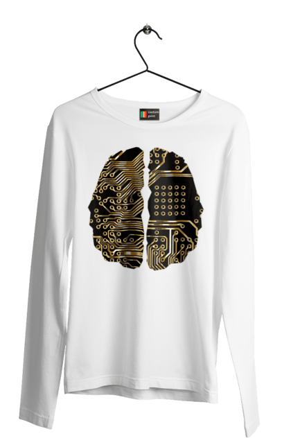 Чоловічий лонгслів з принтом "Мозок Айті". Айті, айтішник, гик, знання, золотий, золото, інженер, кібер, кібернетика, кіборг, код, комп, кристал, мікросхема, мозок, програміст, професіонал, професія, розробник, розум, чіп. 2070702