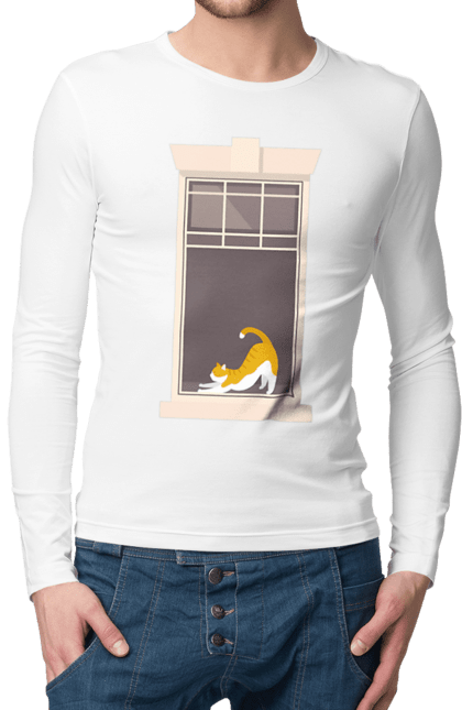 Men`s longsleeve with prints Cat In The Window. Cat, redhead, sippers, window. 2070702
