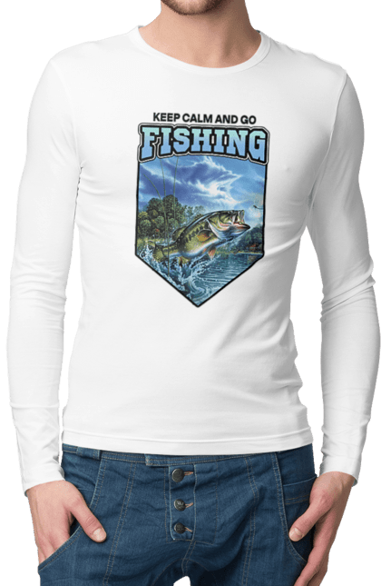 Чоловічий лонгслів з принтом "Keep Calm and Go Fishing". Відпочинок на природі, для рибалок, для чоловіків, мисливці та риболови, природа, рибалка, риболовля, спінінг, хоббі. 2070702
