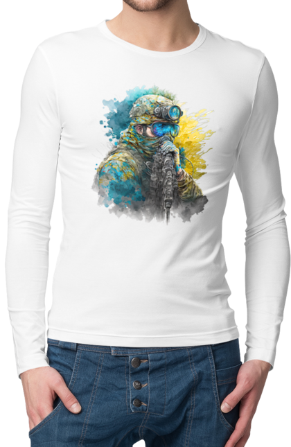 Чоловічий лонгслів з принтом "Снайпер ЗСУ". Армія, зсу, прапор україни, символи україни, снайпер, солдат, україна. 2070702